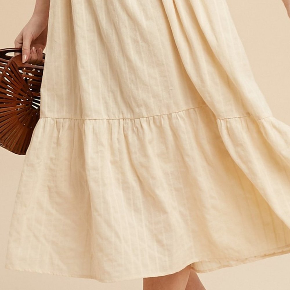 NEW Cream Apron Ruffle Square Neck Floral Embroidered Tie Back Cotton Midi Dress - Picture 10 of 12